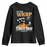 WKRP Turkey Drop with Les Nessman Youth Sweatshirt Retro Thanksgiving Humor for Classic TV Fans - Wonder Print Shop