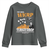 WKRP Turkey Drop with Les Nessman Youth Sweatshirt Retro Thanksgiving Humor for Classic TV Fans - Wonder Print Shop