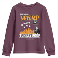 WKRP Turkey Drop with Les Nessman Youth Sweatshirt Retro Thanksgiving Humor for Classic TV Fans - Wonder Print Shop