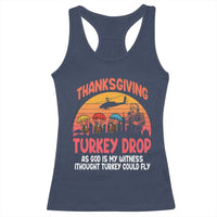 Retro Thanksgiving Turkey Drop Racerback Tank Top Parachuting Turkeys Funny 70s Parody - Wonder Print Shop