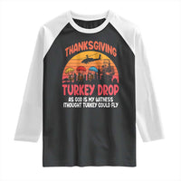 Retro Thanksgiving Turkey Drop Raglan Shirt Parachuting Turkeys Funny 70s Parody - Wonder Print Shop