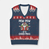 Funny Pew Pew Santa Xmas V-Neck Knit Sweater Vest Angry Santa with Candy Cane Guns Holiday Humor - Wonder Print Shop