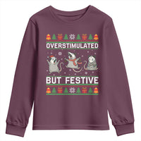 Overstimulated But Festive Opossum Christmas Youth Sweatshirt Funny Holiday Anxiety Gag Gift for Introverts - Wonder Print Shop