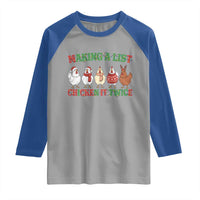 Funny Chicken Christmas Pun Raglan Shirt Making a List Chicken It Twice Cute Holiday Farm Animal - Wonder Print Shop