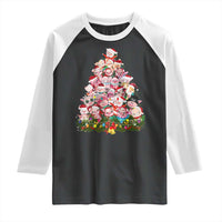 Cute Pink Pigs Christmas Tree Raglan Shirt Funny Farmer Xmas Lights Festive Vibe