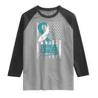 Cervical Cancer Awareness Raglan Shirt Teal And White Ribbon American Flag Support