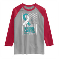 Cervical Cancer Awareness Raglan Shirt Teal And White Ribbon American Flag Support