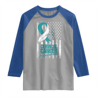 Cervical Cancer Awareness Raglan Shirt Teal And White Ribbon American Flag Support