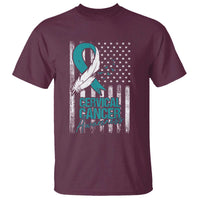 Cervical Cancer Awareness Month White Teal Ribbon US Flag T Shirt - Wonder Print Shop
