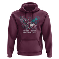 Maroon hoodie with teal butterfly-cross graphic on front and front kangaroo pocket