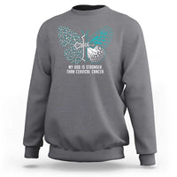 My God is Stronger Than Cervical Cancer Teal Butterfly Cross Sweatshirt - Wonder Print Shop