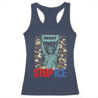 Statue of Liberty Resist Stop Ice Racerback Tank Top Floral Activist for Justice and Freedom