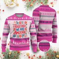Together We Are America Floral Patriotic Ugly Christmas Sweater Retro Red White and Blue Bunny Inspirational Quote