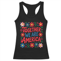 Together We Are America Floral Patriotic Racerback Tank Top Retro Red White and Blue Bunny Inspirational Quote