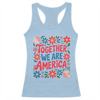 Together We Are America Floral Patriotic Racerback Tank Top Retro Red White and Blue Bunny Inspirational Quote