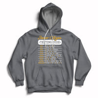 Charcoal gray pullover hoodie with hood and front pocket, “Senior Citizen Texting Code” graphic.