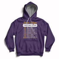 Purple pullover hoodie with hood and front pocket, “Senior Citizen Texting Code” graphic.