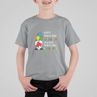 Kids autism support T-shirt in sport gray with colorful gnome graphic and slogan on front
