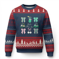 Lets Par-tee Coquette Golf Bows Ugly Christmas Sweater Preppy Pink and Green Golf Cart n Bag Golfing Lover Club