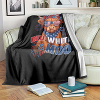 Red White and Moo Funny Patriotic Highland Cow Throw Blanket Cute American Flag Sunglasses and Bandana Summer Fireworks