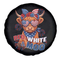 Red White and Moo Funny Patriotic Highland Cow Spare Tire Cover Cute American Flag Sunglasses and Bandana Summer Fireworks