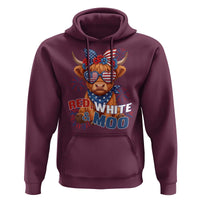 Red White and Moo Funny Patriotic Highland Cow Hoodie Cute American Flag Sunglasses and Bandana Summer Fireworks