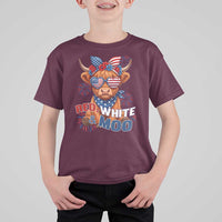 Red White and Moo Funny Patriotic Highland Cow T Shirt For Kid Cute American Flag Sunglasses and Bandana Summer Fireworks