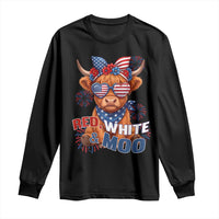 Red White and Moo Funny Patriotic Highland Cow Long Sleeve Shirt Cute American Flag Sunglasses and Bandana Summer Fireworks