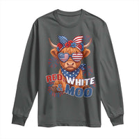Red White and Moo Funny Patriotic Highland Cow Long Sleeve Shirt Cute American Flag Sunglasses and Bandana Summer Fireworks