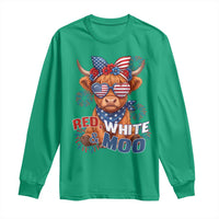 Red White and Moo Funny Patriotic Highland Cow Long Sleeve Shirt Cute American Flag Sunglasses and Bandana Summer Fireworks