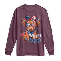 Red White and Moo Funny Patriotic Highland Cow Long Sleeve Shirt Cute American Flag Sunglasses and Bandana Summer Fireworks