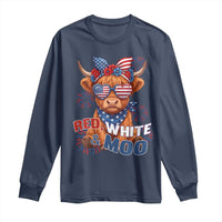 Red White and Moo Funny Patriotic Highland Cow Long Sleeve Shirt Cute American Flag Sunglasses and Bandana Summer Fireworks
