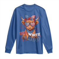 Red White and Moo Funny Patriotic Highland Cow Long Sleeve Shirt Cute American Flag Sunglasses and Bandana Summer Fireworks