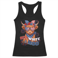 Red White and Moo Funny Patriotic Highland Cow Racerback Tank Top Cute American Flag Sunglasses and Bandana Summer Fireworks
