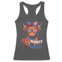 Red White and Moo Funny Patriotic Highland Cow Racerback Tank Top Cute American Flag Sunglasses and Bandana Summer Fireworks
