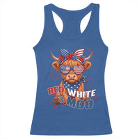 Red White and Moo Funny Patriotic Highland Cow Racerback Tank Top Cute American Flag Sunglasses and Bandana Summer Fireworks