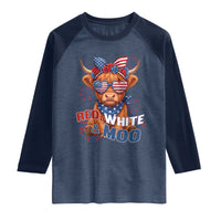 Red White and Moo Funny Patriotic Highland Cow Raglan Shirt Cute American Flag Sunglasses and Bandana Summer Fireworks
