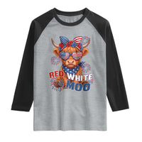 Red White and Moo Funny Patriotic Highland Cow Raglan Shirt Cute American Flag Sunglasses and Bandana Summer Fireworks
