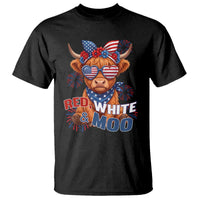 Red White and Moo Funny Patriotic Highland Cow T Shirt Cute American Flag Sunglasses and Bandana Summer Fireworks