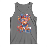 Red White and Moo Funny Patriotic Highland Cow Tank Top Cute American Flag Sunglasses and Bandana Summer Fireworks