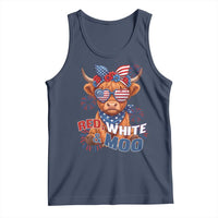 Red White and Moo Funny Patriotic Highland Cow Tank Top Cute American Flag Sunglasses and Bandana Summer Fireworks
