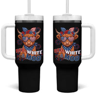 Red White and Moo Funny Patriotic Highland Cow Tumbler With Handle Cute American Flag Sunglasses and Bandana Summer Fireworks