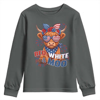 Red White and Moo Funny Patriotic Highland Cow Youth Sweatshirt Cute American Flag Sunglasses and Bandana Summer Fireworks