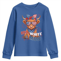 Red White and Moo Funny Patriotic Highland Cow Youth Sweatshirt Cute American Flag Sunglasses and Bandana Summer Fireworks