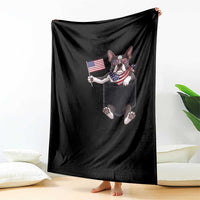 Funny Patriotic French Bulldog in Pocket Graphic Throw Blanket Cute Frenchie Waving US Flag Sunglasses Faux Summer
