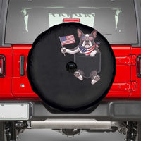 Funny Patriotic French Bulldog in Pocket Graphic Spare Tire Cover Cute Frenchie Waving US Flag Sunglasses Faux Summer