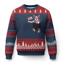 Funny Patriotic French Bulldog in Pocket Graphic Ugly Christmas Sweater Cute Frenchie Waving US Flag Sunglasses Faux Summer