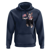 Funny Patriotic French Bulldog in Pocket Graphic Hoodie Cute Frenchie Waving US Flag Sunglasses Faux Summer