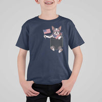 Funny Patriotic French Bulldog in Pocket Graphic T Shirt For Kid Cute Frenchie Waving US Flag Sunglasses Faux Summer