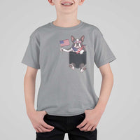 Funny Patriotic French Bulldog in Pocket Graphic T Shirt For Kid Cute Frenchie Waving US Flag Sunglasses Faux Summer
